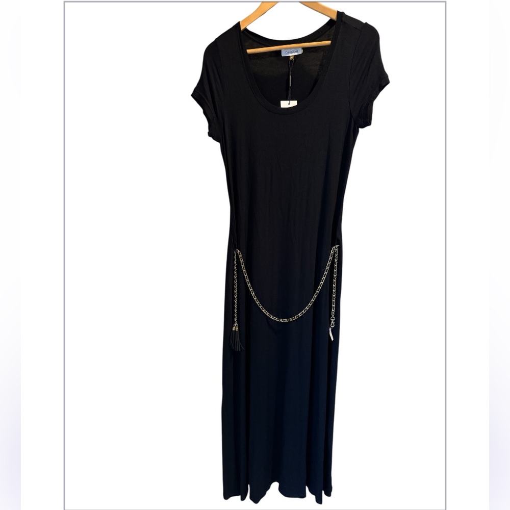 Calvin Klein maxi dress black gold toned tassel belt small soft